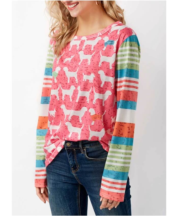 Long Sleeve Dog Print Pink T Shirt